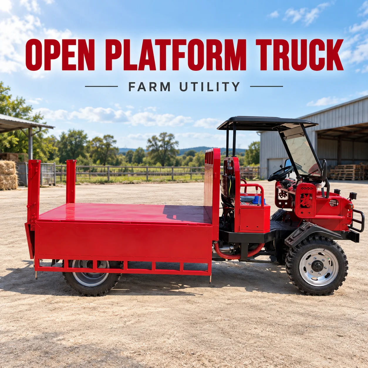 Farm Utility Flatbed with Red Platform and Two Rear Posts for Field Equipment Transport