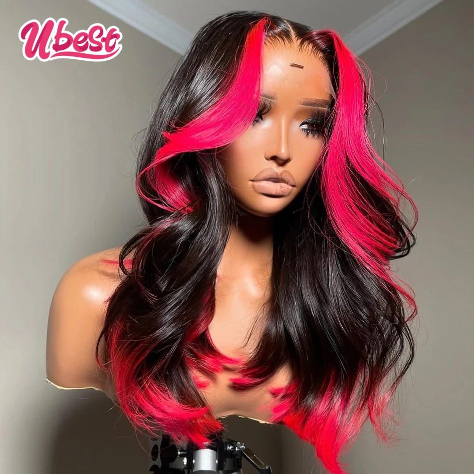 

Ubest 13X6 Transparent Lace Front Wigs Body Wave Human Hair Highlights Pink Red Colored 5X5 Closure Wig Pre Plucked For Women