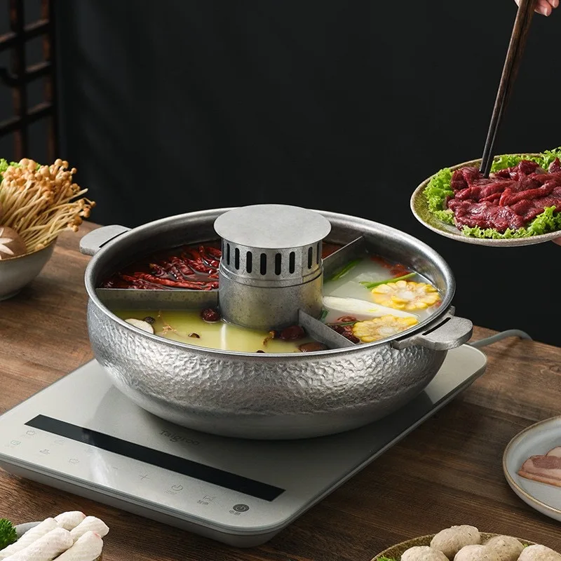 

Горячая кастрюля из нержавеющей стали 304, ручная кованая, с двойным вкусом, индукционная, совместимая бездымная, с трехуровневым основанием