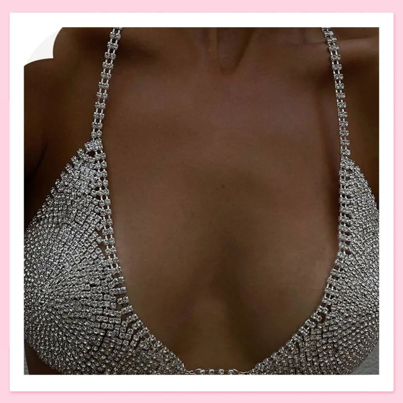 

Сексуальная пляжная цепочка на грудь с стразами в стиле блогера, аксессуар для бикини, женская цепочка для тела