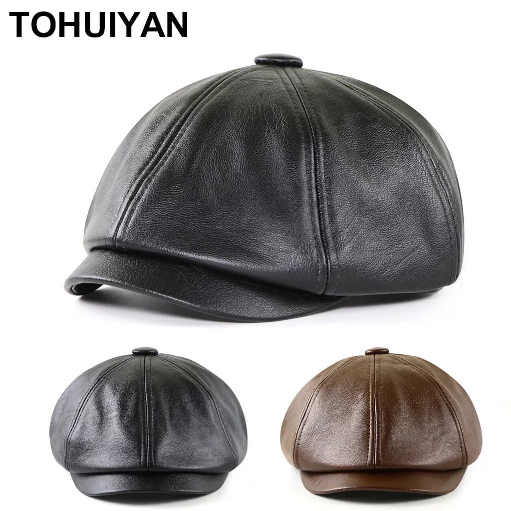 Top Level Leather Octagonal Hats For Men Autumn Winter Warm Cap Male Boinas Detective Hats Branded Gorras Planas Flat Caps Man