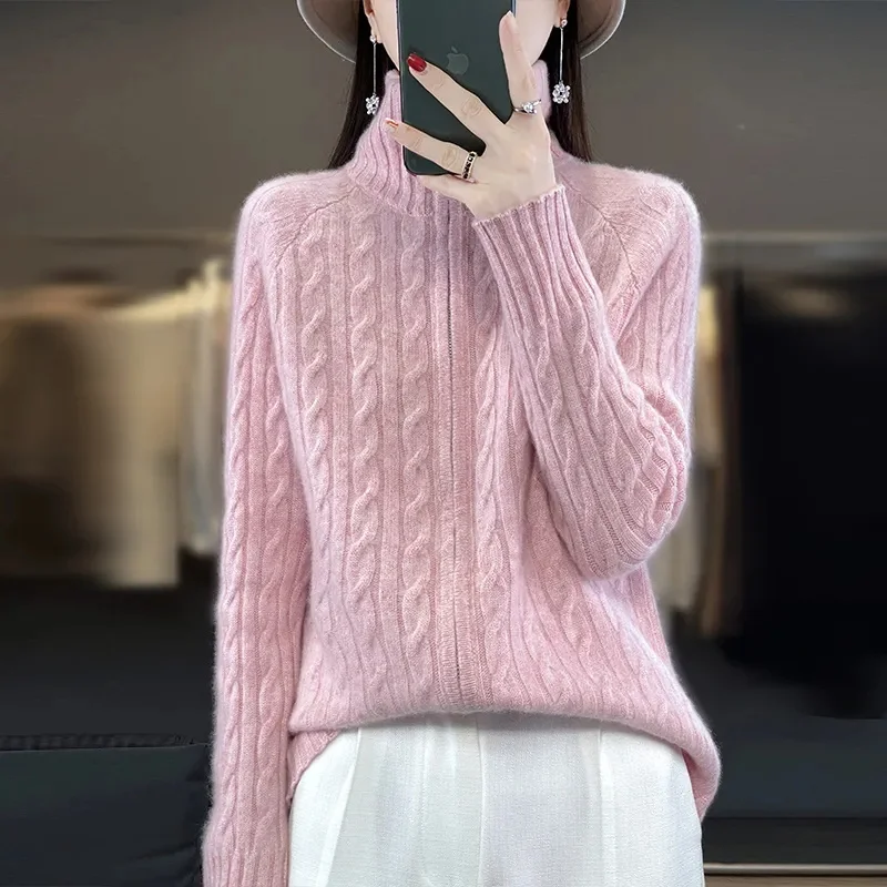 

2025 Femme Lapel Casual Sweater Cardigan Autumn Winter Ladies Zipper Knit Jacket Korean Women Fashion Long Sleeves Knitted Coat