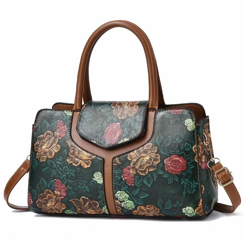 Fashion Shoulder Tote Bag for Women Retro Flower Pattern Portable Satchel PU Commuting Luxury Boston Female Crossbody Handbags