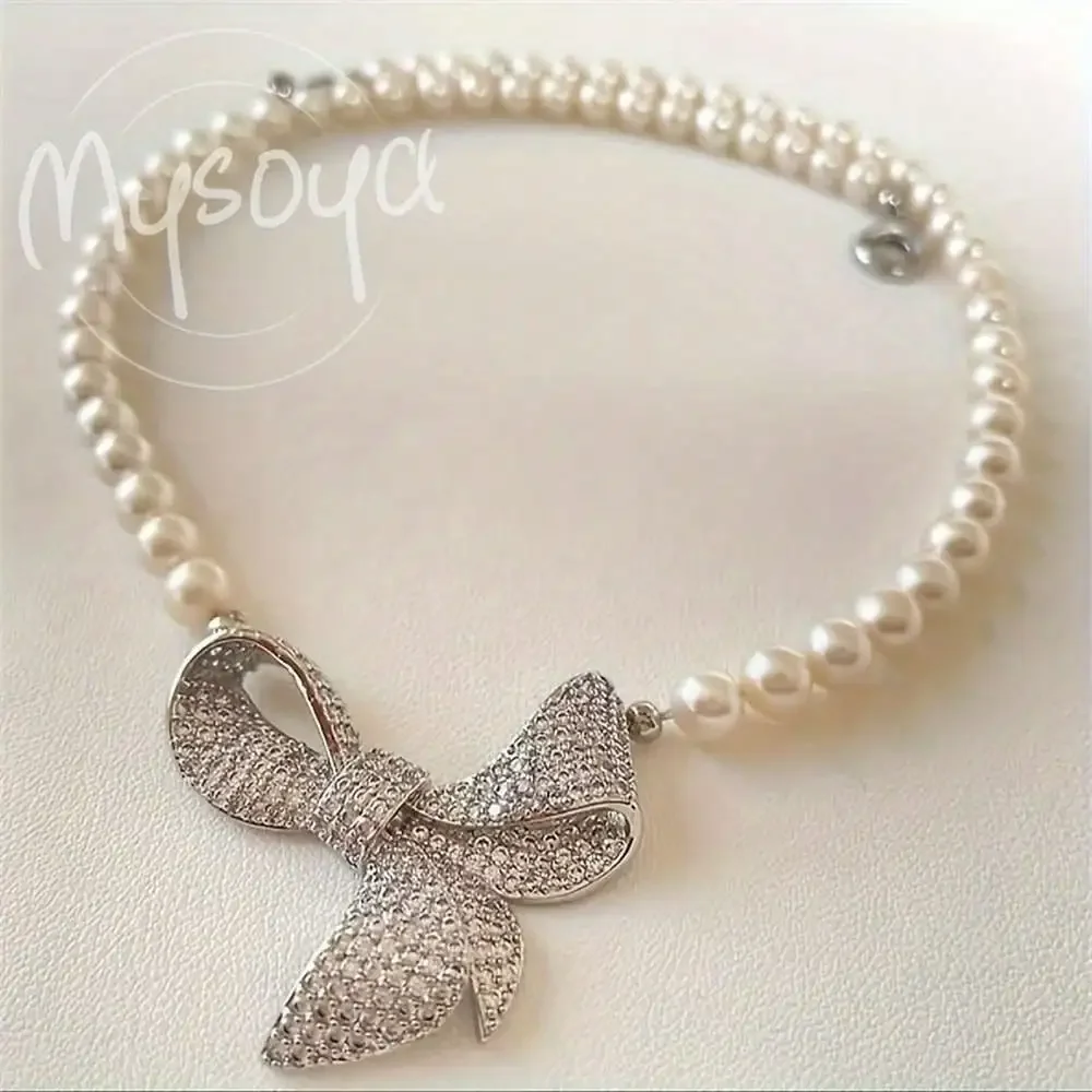 

MYSOYA White Freshwater Pearl Necklace 8-9mm Pearls With Bow Clasp Gift Box Gift for Her/Him Wedding Christmas New Year Gift