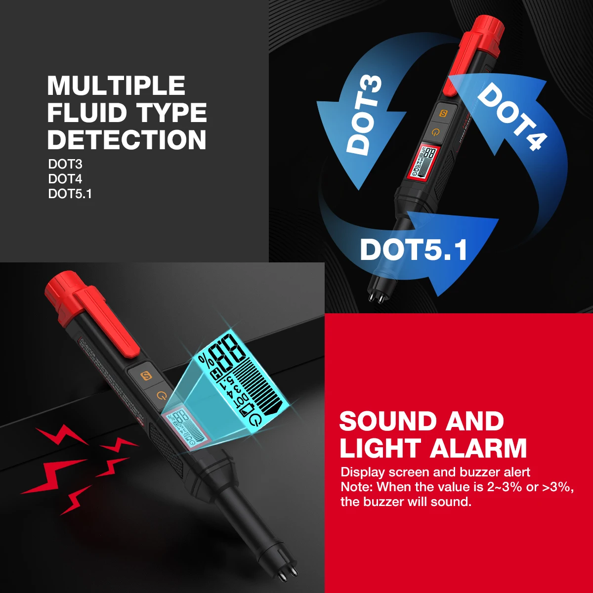 3-Farben-Hintergrundbeleuchtung Tragbarer Digitaler Bremsflüssigkeitstester Präziser Auto-Bremsöltester mit Ton- und Lichtalarm DOT3 DOT4 DOT5.1 – Detail 25