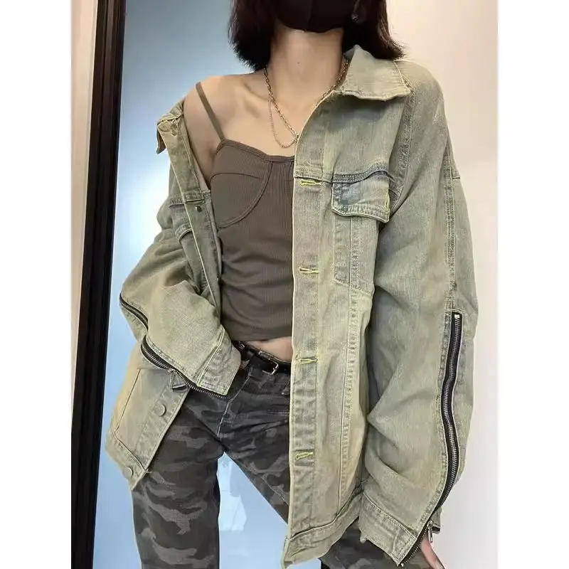 

Women Jeans Coat Vintage Fashion Zipper Water washing Denim Jacket Spring Female Streetwear Outwear loose Cowboy clothing T195