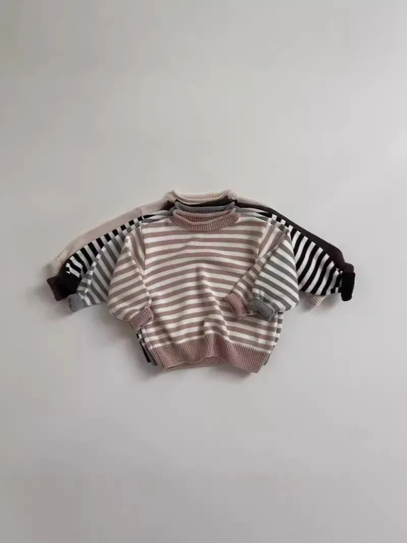 2024 Autumn New Baby Long Sleeve Knitted Pullover Infant Boy Girl Casual Striped Sweater Cotton Toddler Loose Tops Kids Clothes