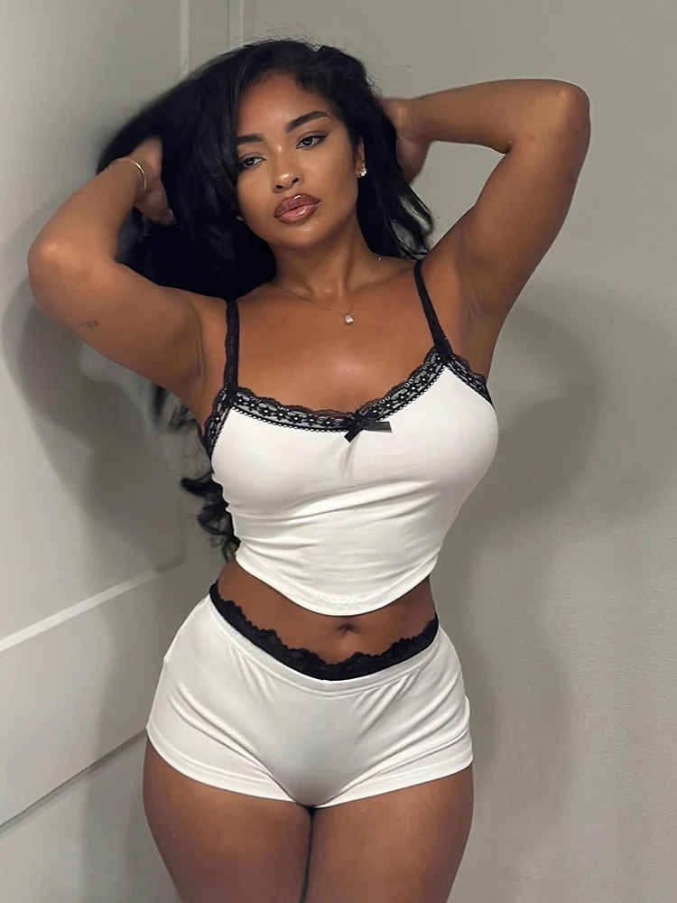Kliou Lace Patchwork 2 Piece Set Woman Bow Decoration Low-Neck Backless Crop Tops+Mini Shorts Hot Girls Sexy Fashion Outfits
