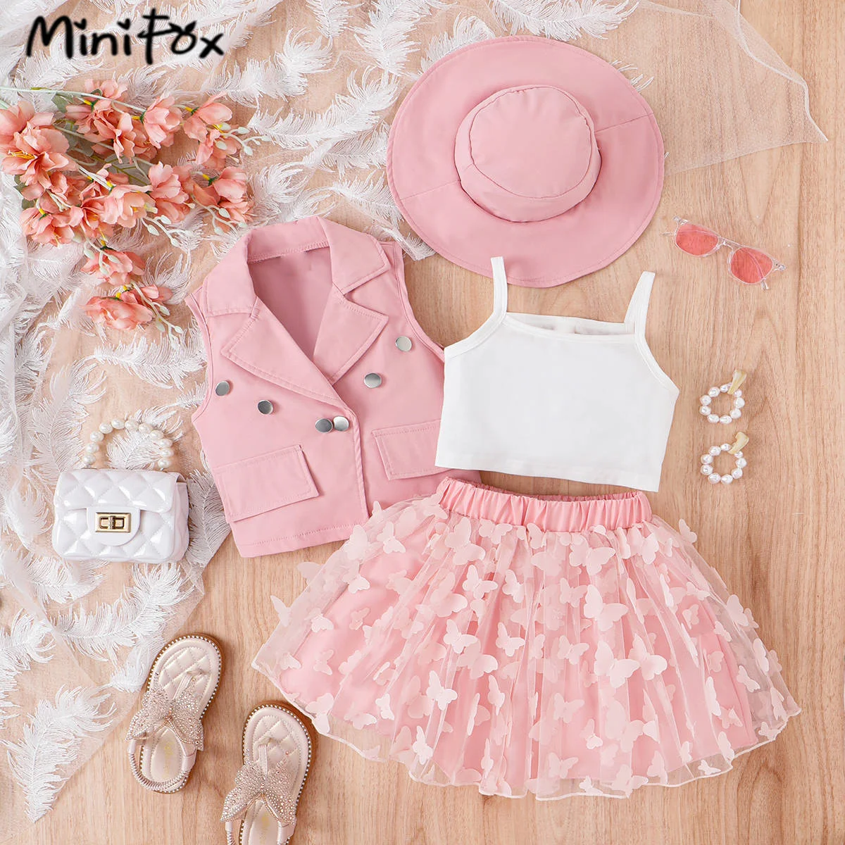 MiniFox Children\'s Clothing Girls Blazer Sets Lapel Blazer Coat+Camisole+Butterfly Skirt+Hat 4pcs Summer Suit For Girls Elegant