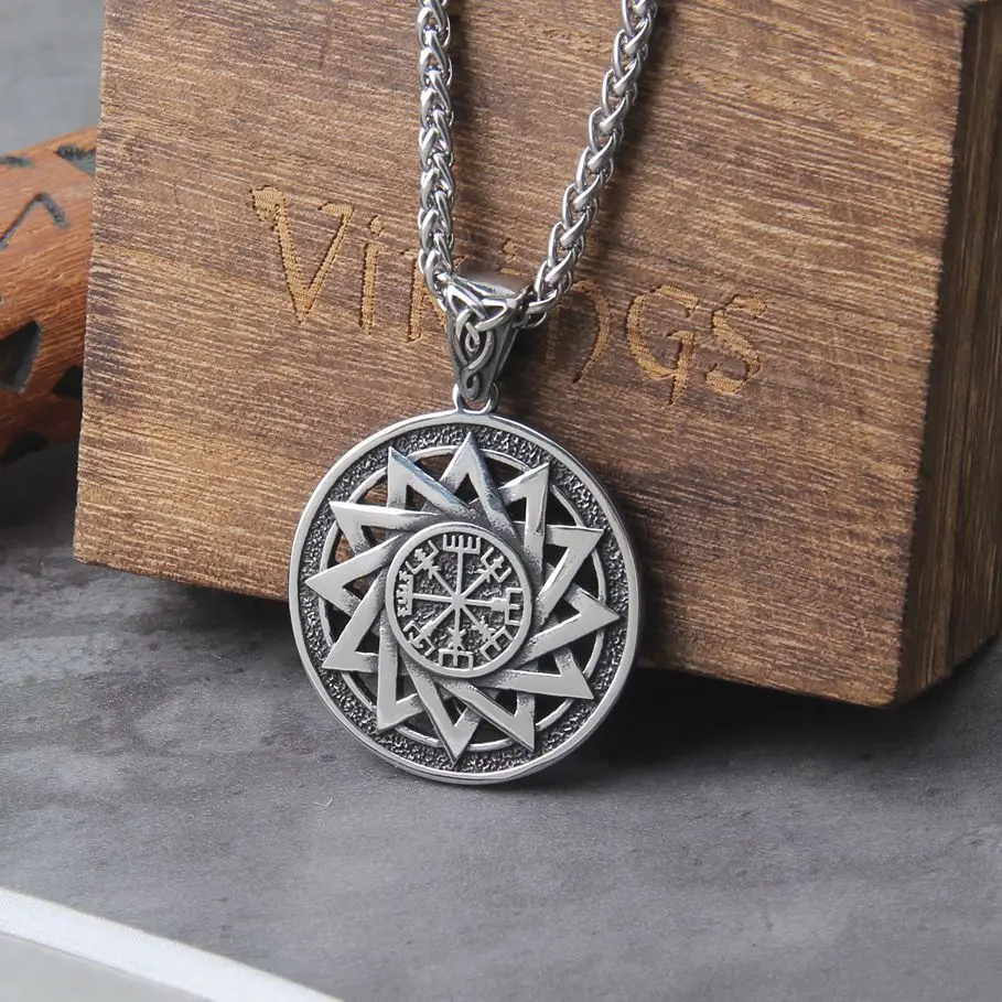 stainless steel Men Necklace Viking Odin Symbol Rune Amulet Ally Chain Compass Pendant Vegvisir Fashion Necklace