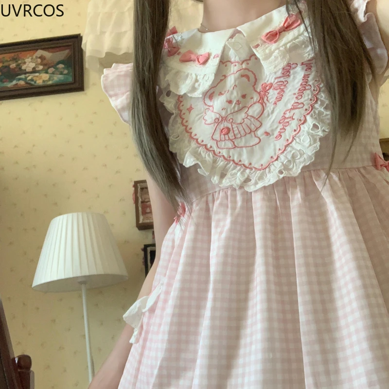 Pink Sweet Plaid Lolita Dress Women Kawaii Cute Bow Bear Embroidery Party Mini Dresses Female Vintage Elegant Fairy Dress Summer