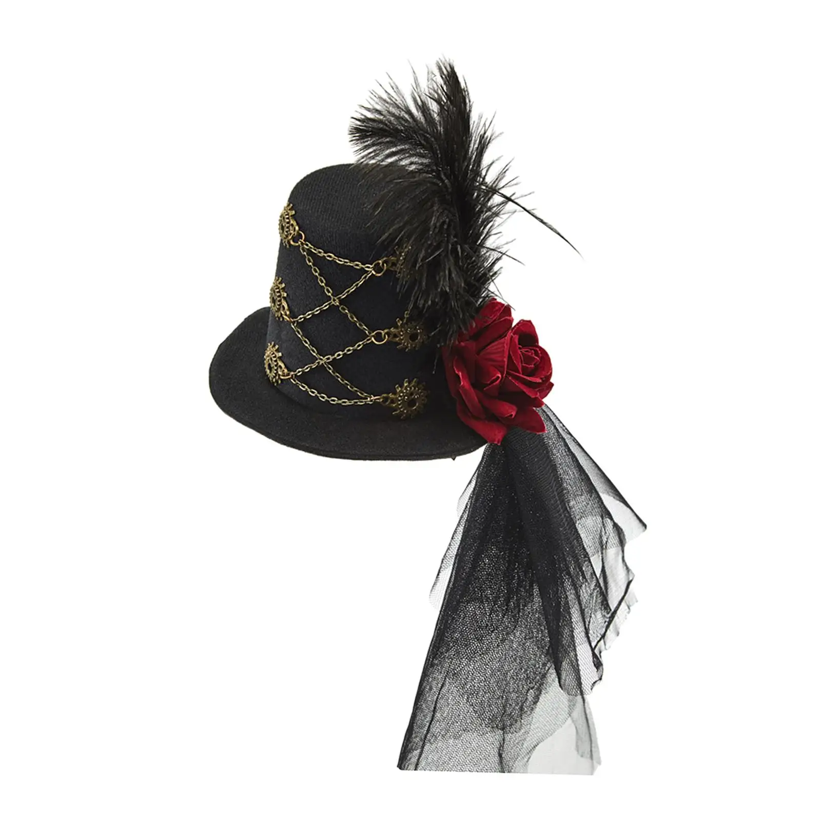 Steampunk Mini Top Hat Hairpin with Red Rose Gothic for Women Dress up Headwear