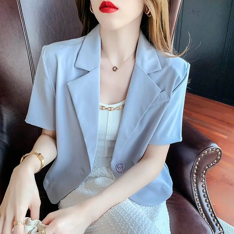 Summer Office Lady Solid Color Blazers Stylish Single Button Women\'s Clothing Short Sleeve Casual Spliced Lapel Loose Suits 2023