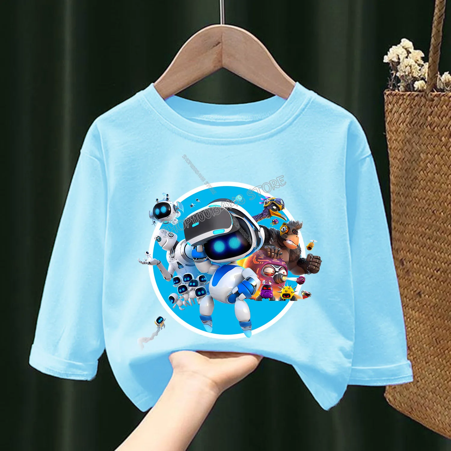 Astro Bot Long Sleeve for Children Cute Cartoon Clothing Hot Game Blue Casual Caftan Fashion Kids Clothes Round Neck Blouse Gift