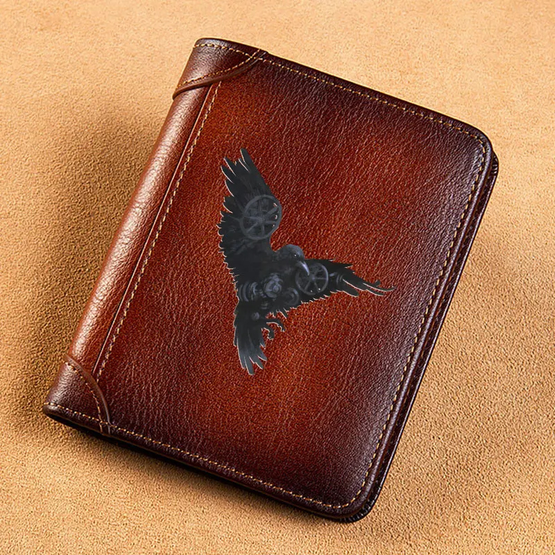 High Quality Genuine Leather Men Wallets Steampunk Gear Black Eagle Cover Short Card Holder Purse Trifold Men's Wallet BK3869