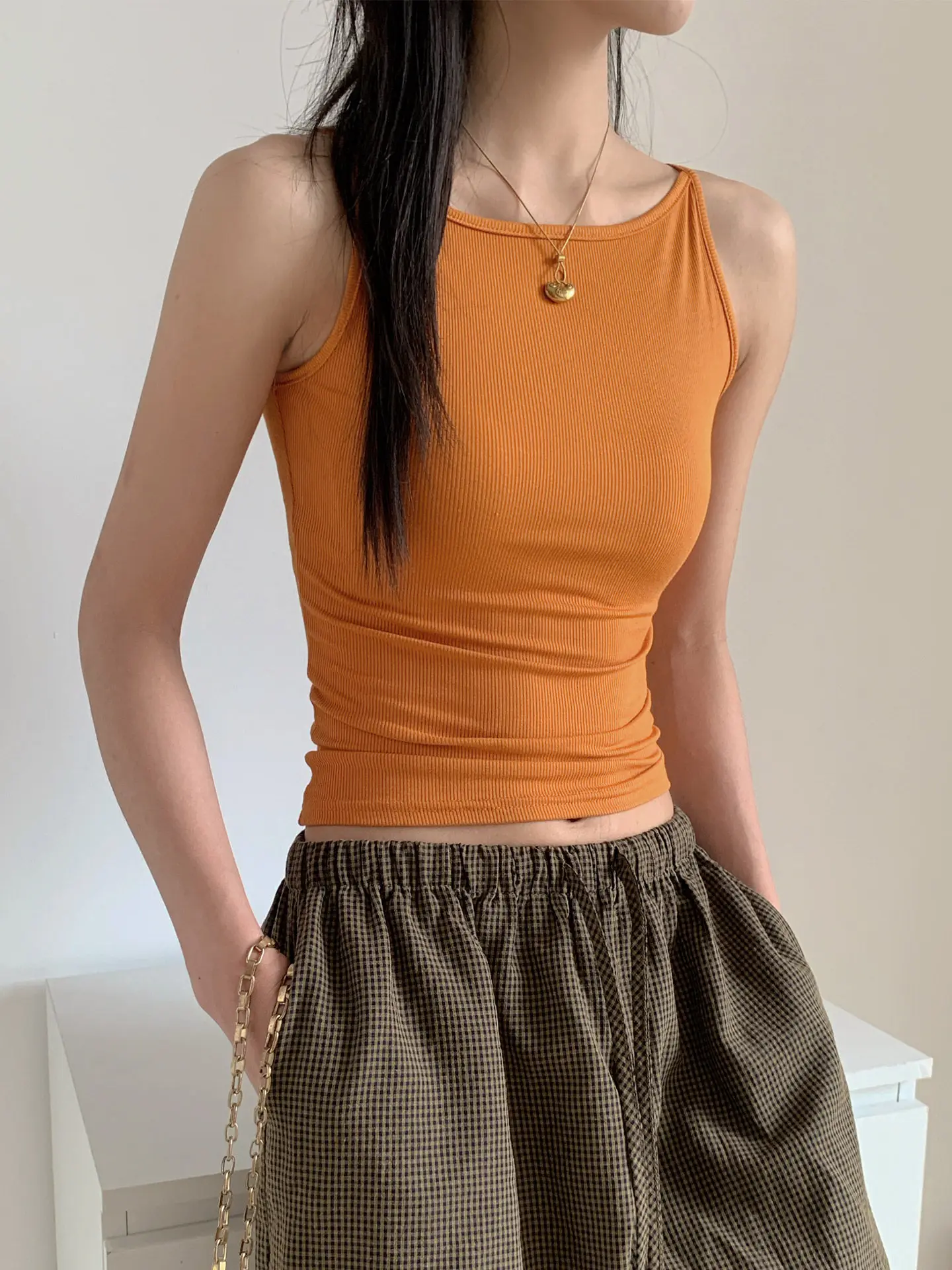 Summer 2026 Women's Ship Collar Strap Vest Sleeveless Straight Shoulder High Elasticity Fashionable Inner Wear Casual Outerwear