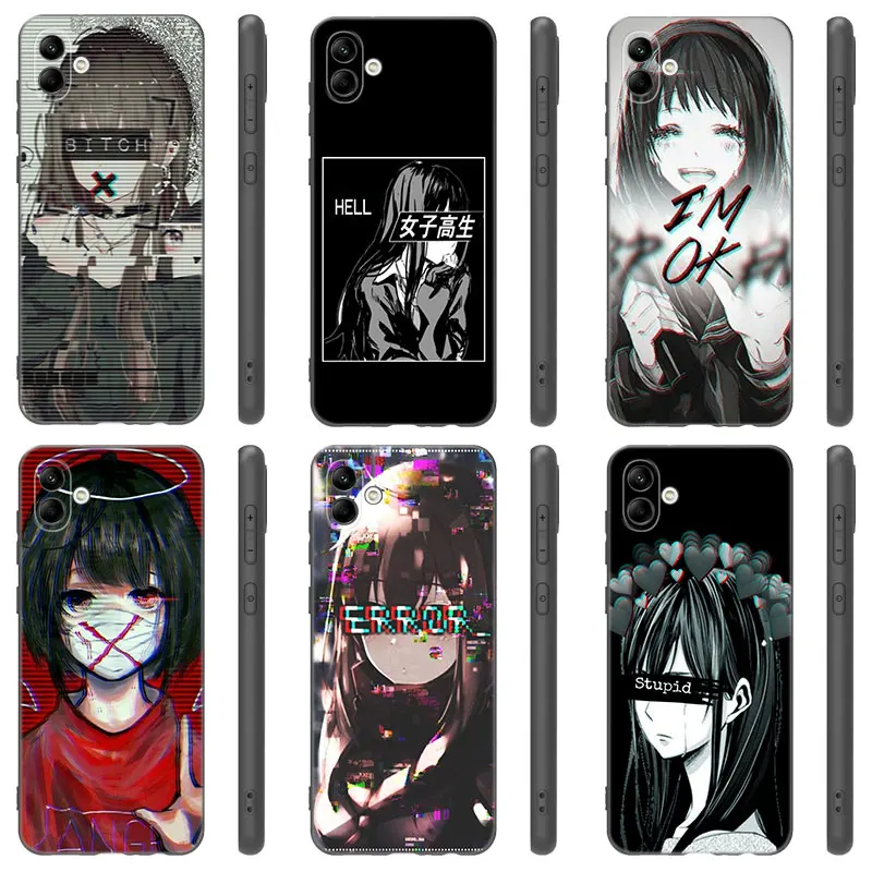 Sad Girl Japanese Anime Black Phone Case For Samsung Galaxy A01 A03 Core A04 E A02 A05 A10 A20 A21 A30 A50 S A6 A8 Plus A7 2018