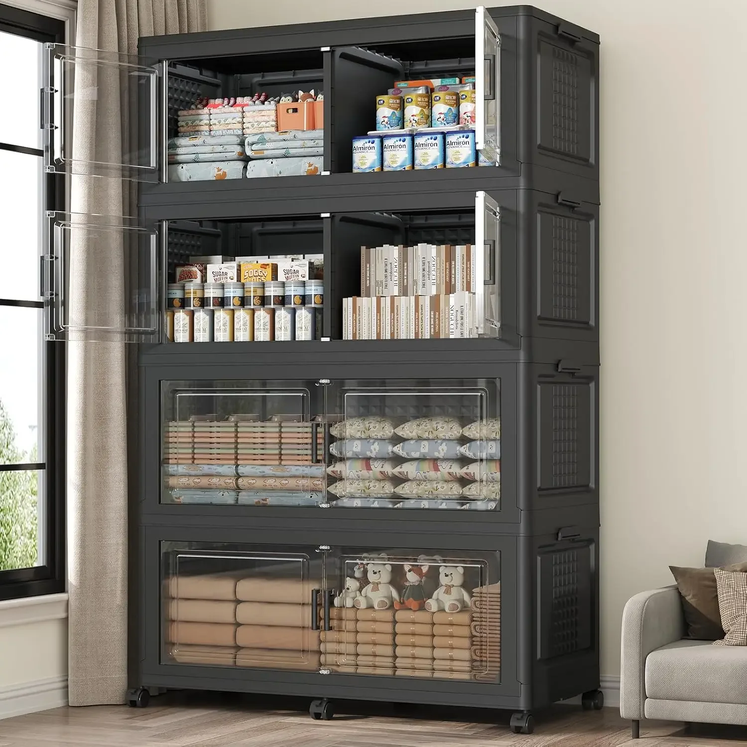 

200GAL Extra Large Storage Bins with Lid, 800Qt Stackable Closet Organizers and Drawers, Collapsible Storage Bins with Wheels, F