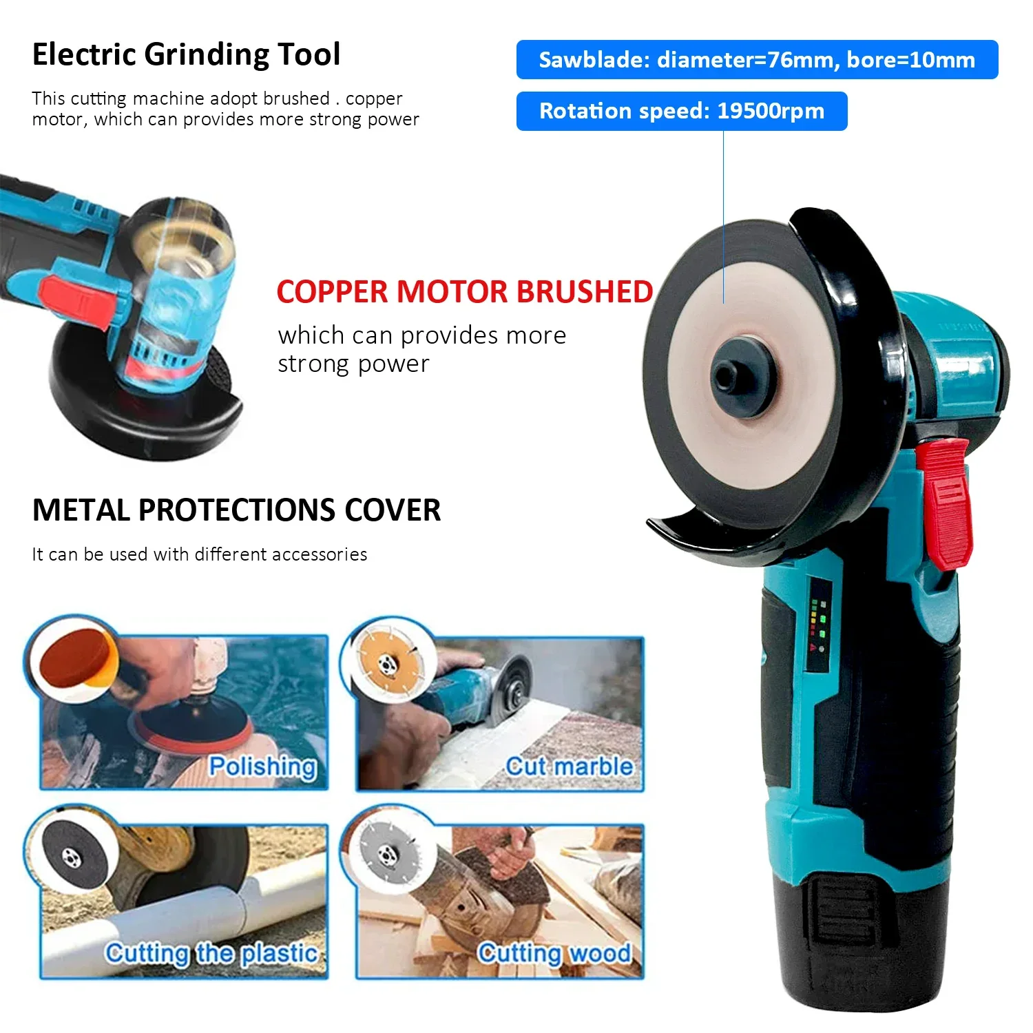 JAUHI-Portable Micro Angle Grinder, Cordless Brushless Power Tool With Cutting Blade, No Load Speed 19500