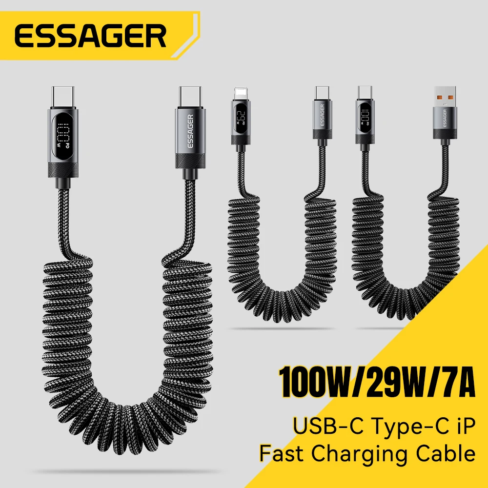 Essager Type C to Type C Cable PD 100W Fast Charging Wire for Xiaomi Samsung LED Display Spring Data Cord for iPhone 17 16 15