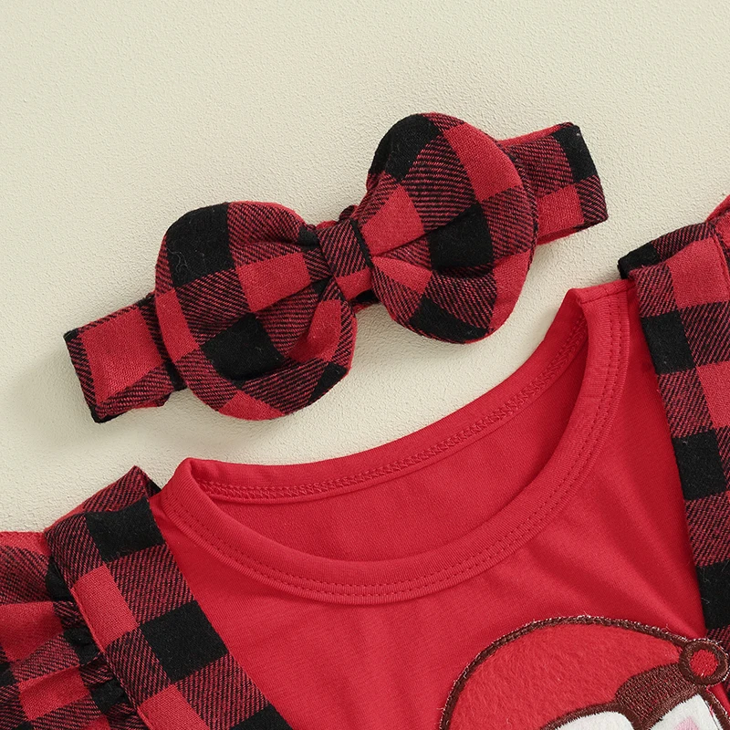 

Infant Baby Girls Christmas Romper Dress Plaid Cartoon Print Long Sleeve Bowknot Skirt Hem Jumpsuits Headband