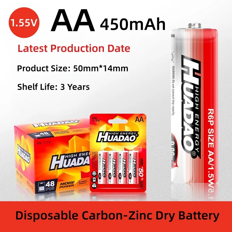 

High Capacity AA Batteries 1.5V 450mAh R6P Cell Disposable Zinc Carbon Battery for Mouse Calculator Electric Toys Remote Control