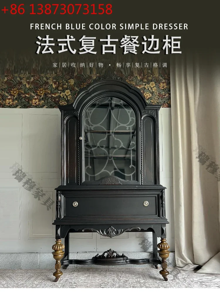 

French country solid wood chest small apartment living room display American retro dining room black storage wine cabinet