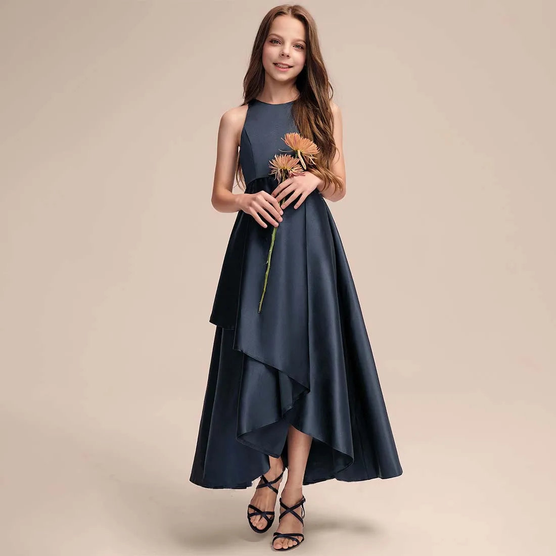 A-line Scoop Asymmetrical Satin Junior Bridesmaid Dress With Cascading Ruffles Flower Girl Dress Party First Communion Gown