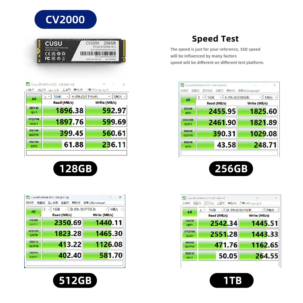 Cusu 256GB SSD NVMe M2 512GB 1TB 2TB SSD M.2 2280 PCIe3.0 Disco