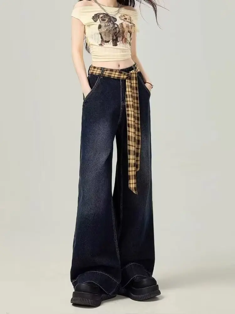 

Women High Waist Plaid Belt Wide Leg Jeans Vintage Washed Double Hem Baggy Denim Pants Y2K Streetwear Fashion Trousers