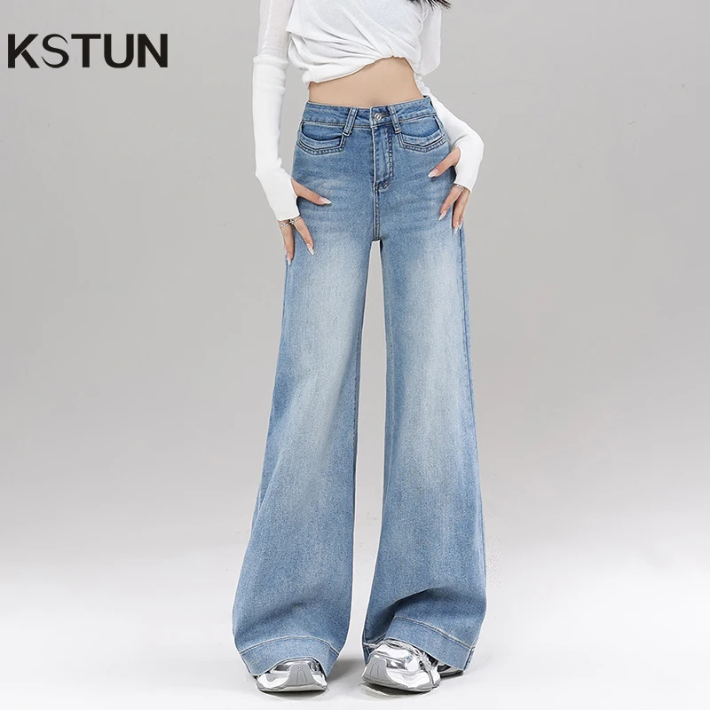 KSTUN Women Wide Leg Jeans High Waist Stretch Lady Loose Bell Bottom Trousers Streetwear Light Blue Flared Pants Original Design