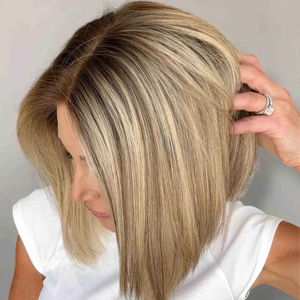 13x4 Ombre Blonde Brown Synthetic HD Lace Front Wig Heat Resistant Fiber Preplucked Hairline Party Cosplay Short Straight Bob