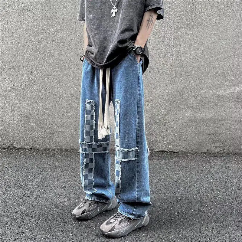 European And American Street Trend Retro Pants Tie Dyed Plaid Jeans Summer Loose And Versatile Straight Leg Pants