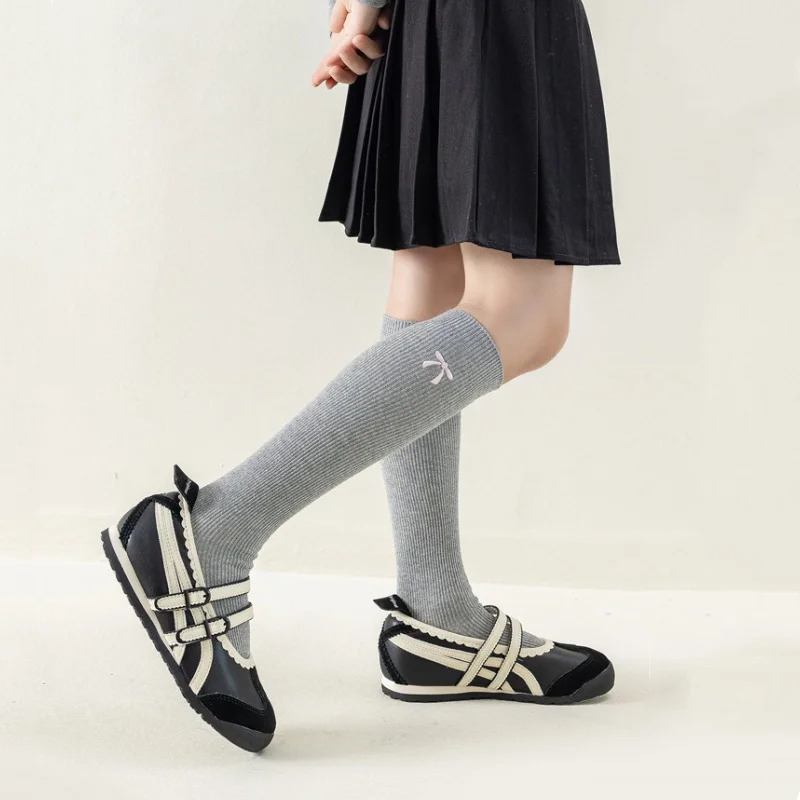Children's Calf Socks Spring Autumn Slimming Cotton Kids Knee High Socks Sweet Elegant Embroidered Bow Long Sock for Girls 3-12Y