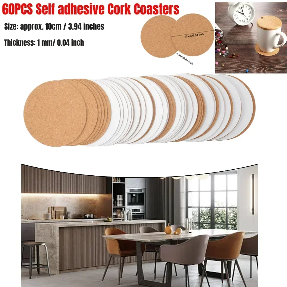 60pcs 100mm Cork Mat Coasters Round Cork Mat Self-adhesive DIY Backing Sheet For Home Office Kitchen Supplies