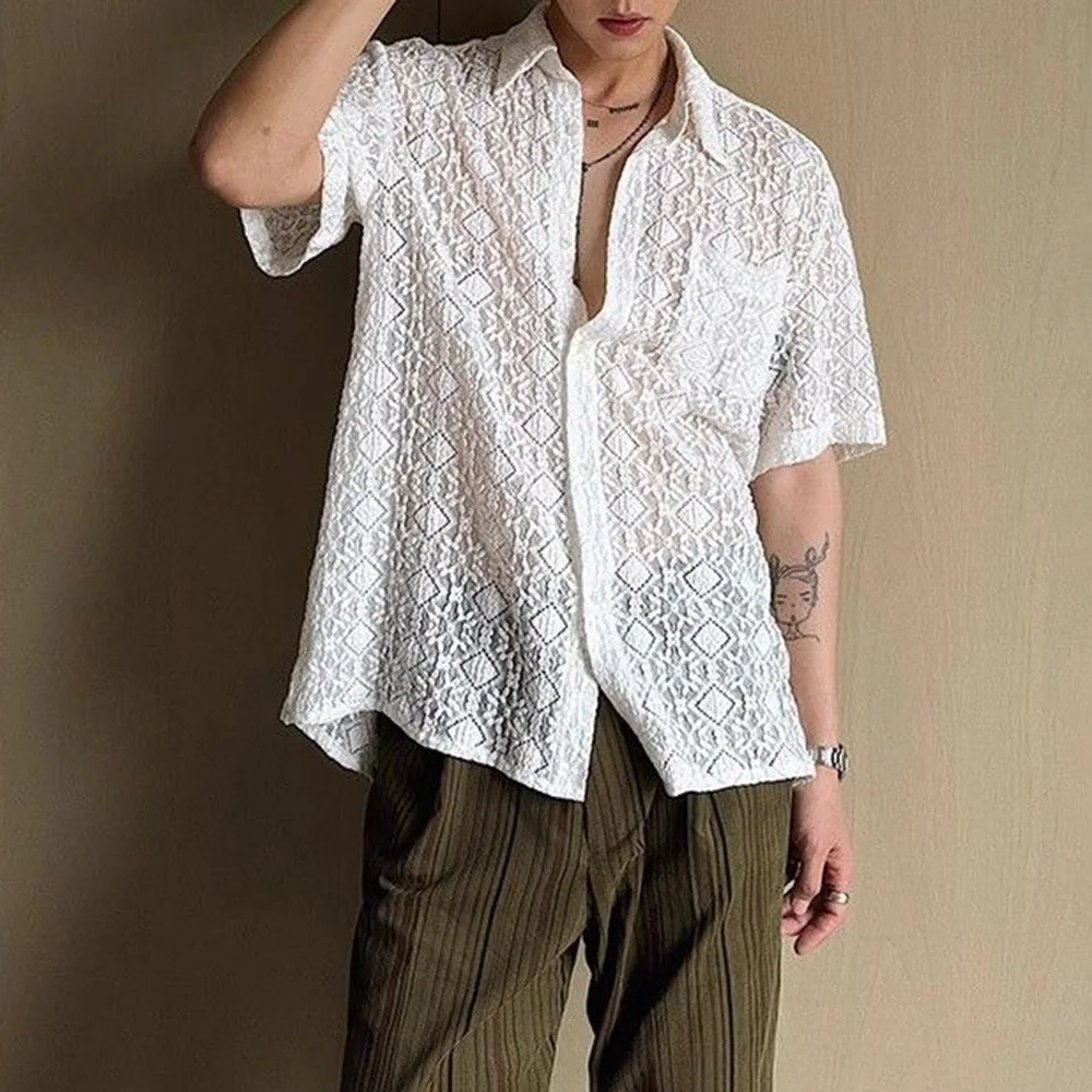 Mens Shirt Lace See-Through Transparent Geometric Shirt Summer Beach Vacation Hawaiian Slim Short Sleeve Top Men\'S Clothing