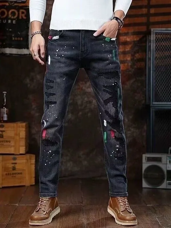 

American High-End Men's Jeans Distressed Print Dyeing Elastic Slim Fit Long Pants Casual Youthful Style Straight Leg Jeans