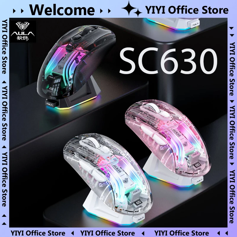 

AULA SC630 Tri-Mode Wireless Gaming Mouse 2.4G/Bluetooth/USB with Charging Base Customizable Long Battery for E-Sports PC Gamer