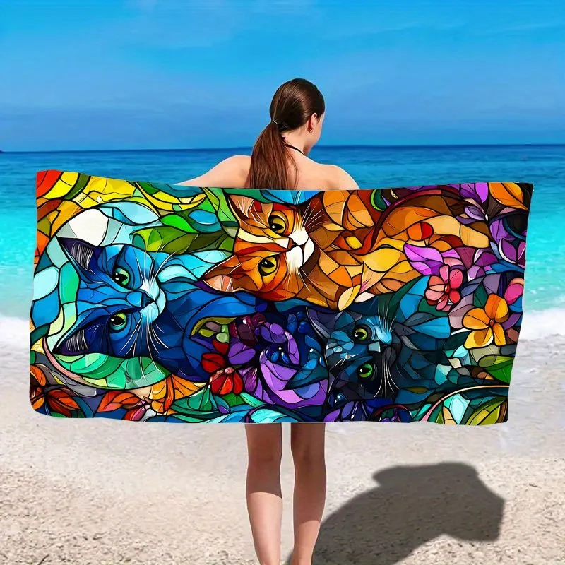 Быстросохнущее пляжное полотенце из микрофибры с милым кошачьим принтом — пескозащитное, впитывающее и легкое для плавания, путешествий и активного отдыха