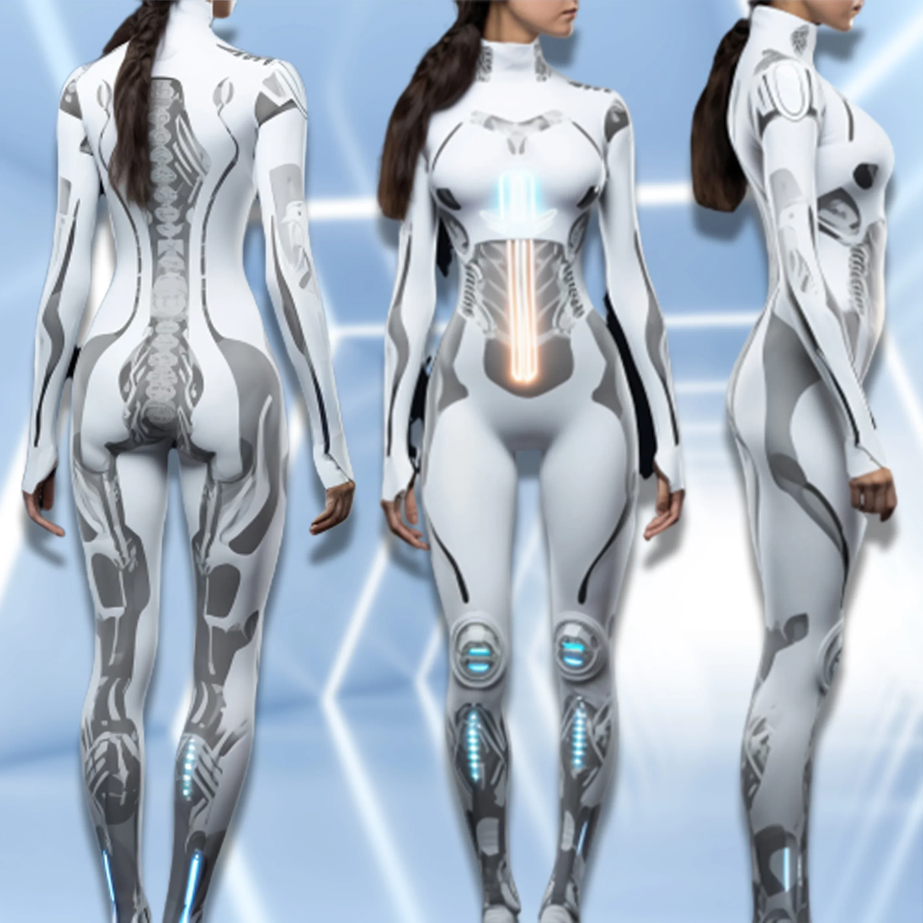 Zawaland Halloween Mechanischer Roboter Druck Cosplay Kostüm Frauen Sexy Zentai Bodysuit Punk Party Overall Festival Catsuit Outfit