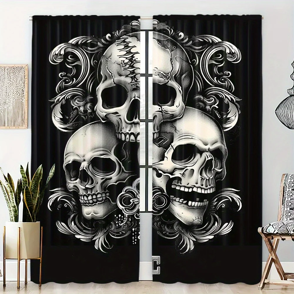 2PCS Digital Print Curtains, Gothic Skull Pattern, Gothic Dark
