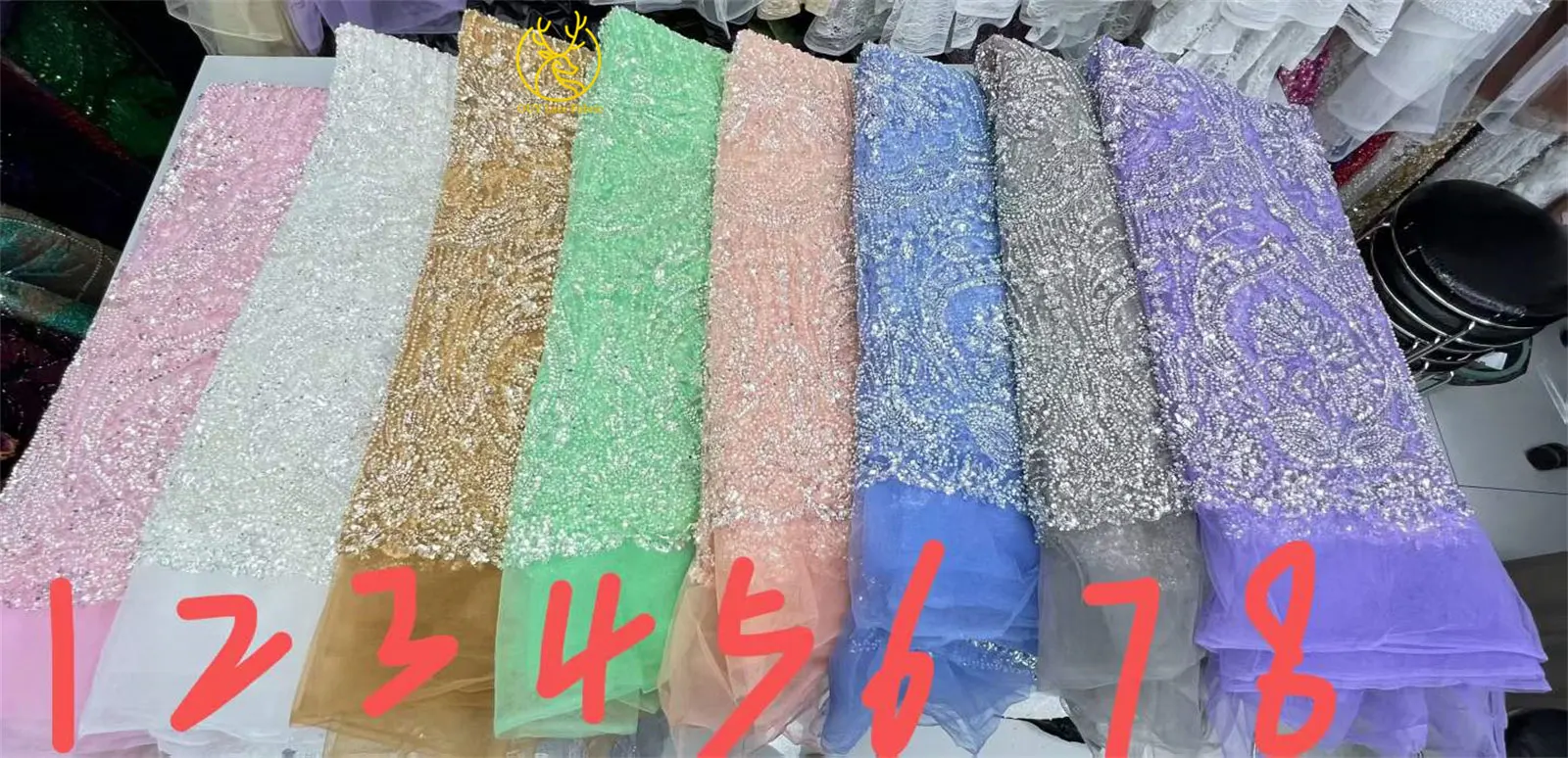 Blaues Neues Afrikanisches Bräutigam-Spitzenstoff-Design mit Perlen und Stickerei, 5 Meter Hochwertiger Nigerianischer Pailletten-Spitzenstoff für Hochzeitskleider – Detail 3