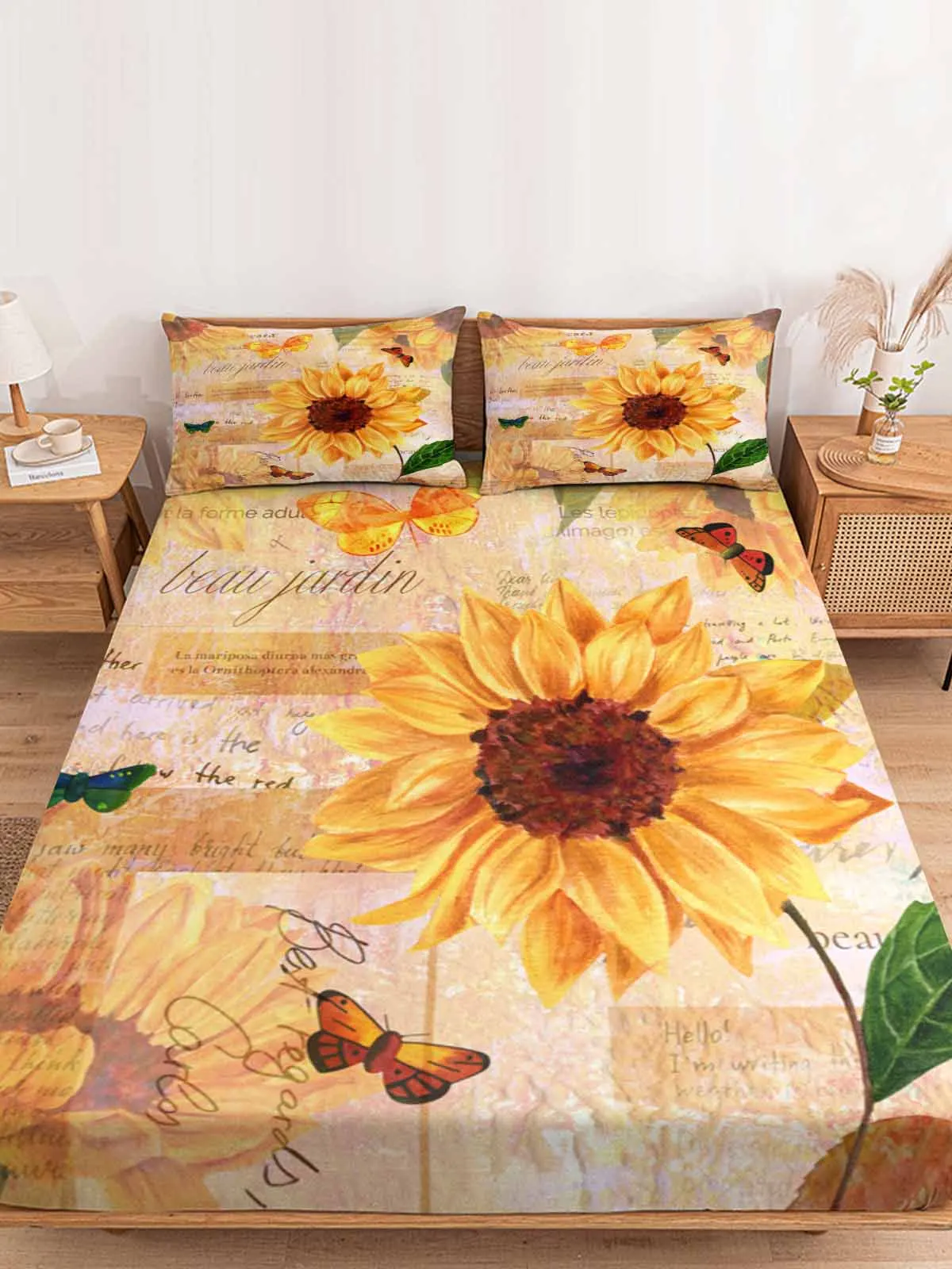 

Sunflower Butterfly Retro Queen Size Bed Mattress Fitted sheet Elastic Rubber Band Non-slip Bed Sheet Pillowcase Set