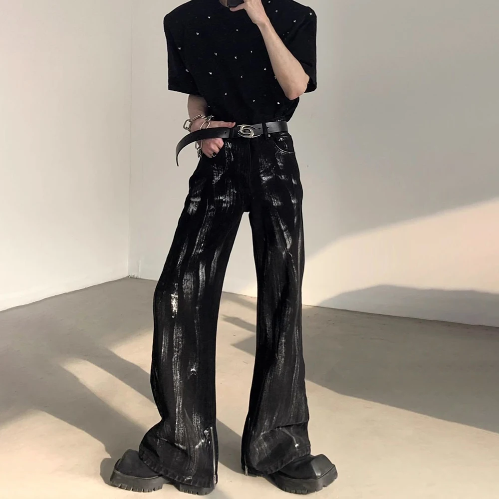 Mens Y2k Irregular Color Blocked Washed Denim Jeans Streetwear Fashion Youth Trend White Paint Casual Pants Men'S Clothing 2026
