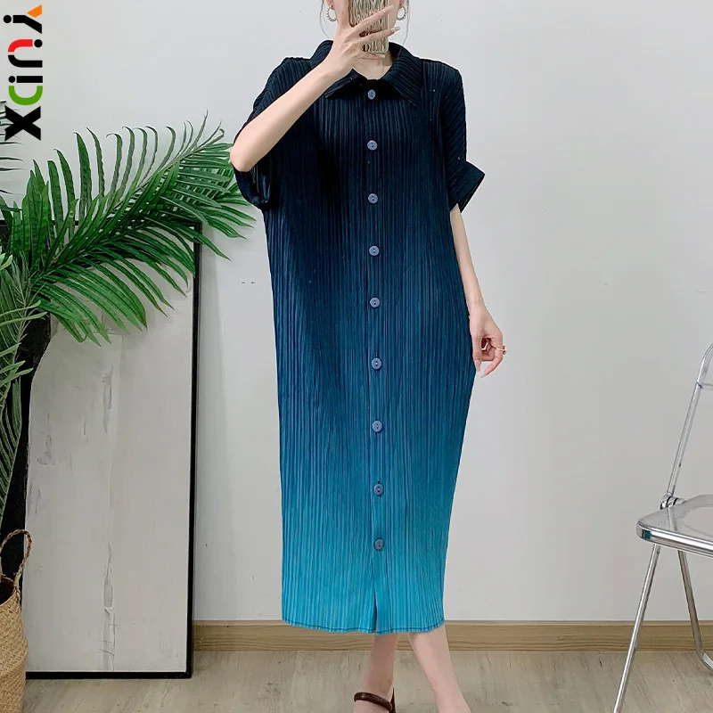 

Gradient Printing Pleated Lapel Short Sleeve Design Women's Dress Fashion Slim Straight Single-Breasted Dress 2024 Autumn New