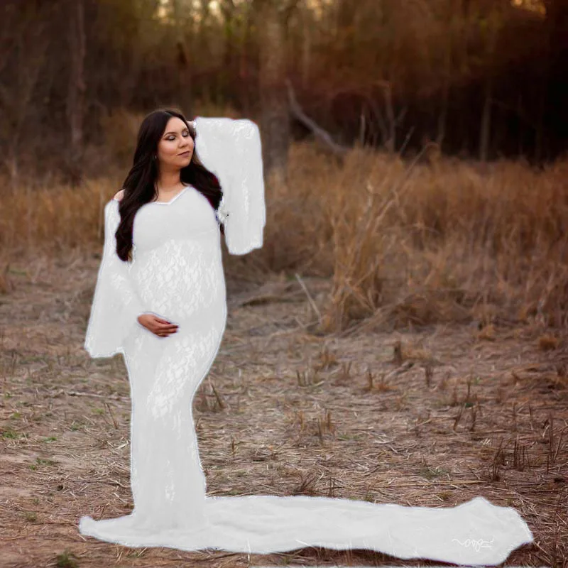 مضيئة كم ملابس للحمل لالتقاط الصور تبادل لاطلاق النار مثير الدانتيل ملابس النساء الحوامل فستان طويل الحمل ماكسي ثوب التصوير الدعائم #2