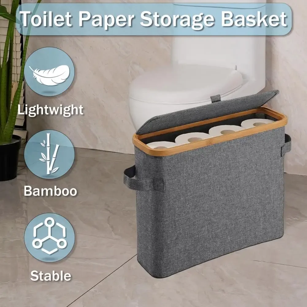 

Bamboo Toilet Paper Storage With Handle Foldable Waterproof Multifunctional Toilet Paper Organizer With Lid