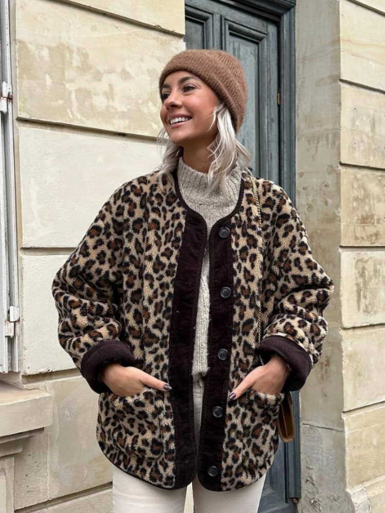 Luxury Design Women's Clothing Lambswool Jacket Autumn Winter Warm Coat Leopard Print O-neck Long Sleeves Top Button Jackets