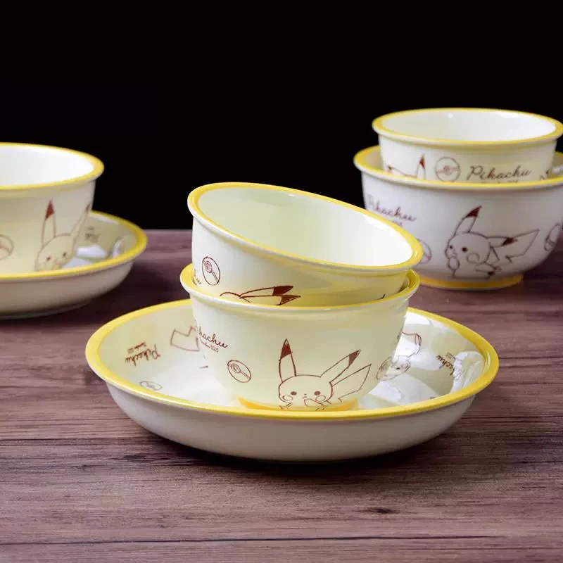 SHUNXIANG Pokémon Tableware Cartoon Ceramic Bowl Plate Pikachu Dinnerware Cute Double Ear Bowl Fruit Dinner plate Microwave Safe