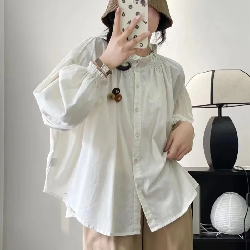 Johnature Japanese Forest Fungus Stand-up Collar Cotton Shirt Women Autumn New Loose Balloon Sleeve Tops Women 2024 New